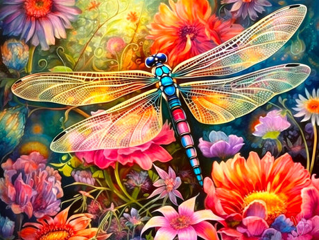 Dragonfly hovering above colorful flowers jigsaw puzzle