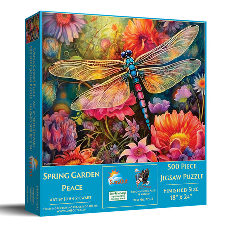 Dragonfly hovering above colorful flowers jigsaw puzzle