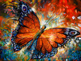 Colorful abstract painting of a butterfly with swirling patterns in the background