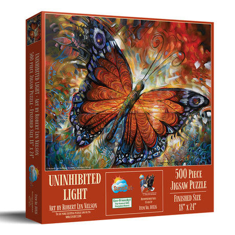 Jigsaw puzzle box with a colorful butterfly design on a white background