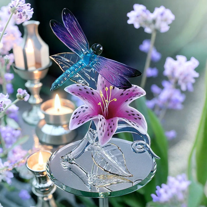 Glass Dragonfly with Lily in garden with flowers and candle
