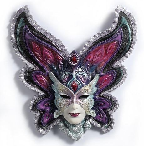 Venetian style butterfly carnival mask wall plaque in purple, black, silver