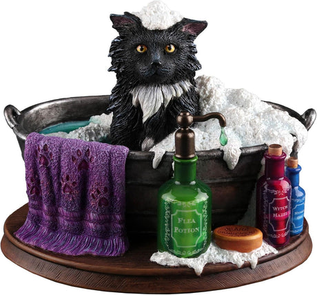 Figurine by Lisa Parker, black and white cat in bubble bath tub with soap bottles, purple towel, mouse at the back