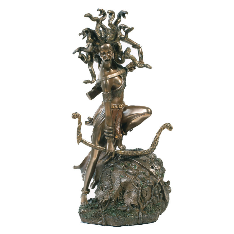Bronze statue of a mythological figure Medusa with snakes for hair, holding a bow