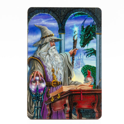 Magnet showing wizard in gray and green dragon with arcane items around