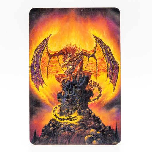 Magnet of fiery dragon on mountain surrounded by skulls