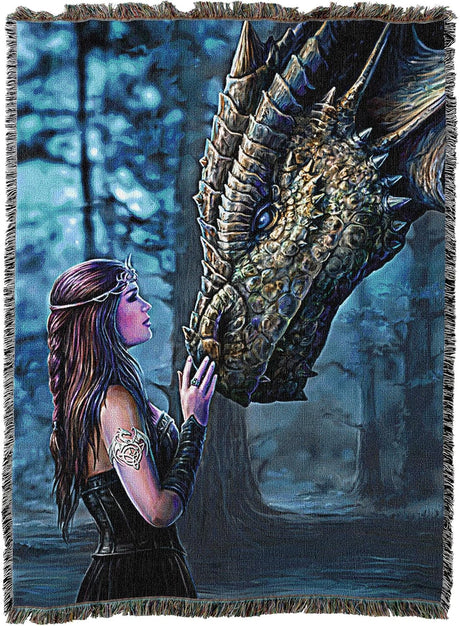 Tapestry blanket, art by Anne Stokes, maiden with jewelry and tiara touching dragon's nose in forest, dimly lit