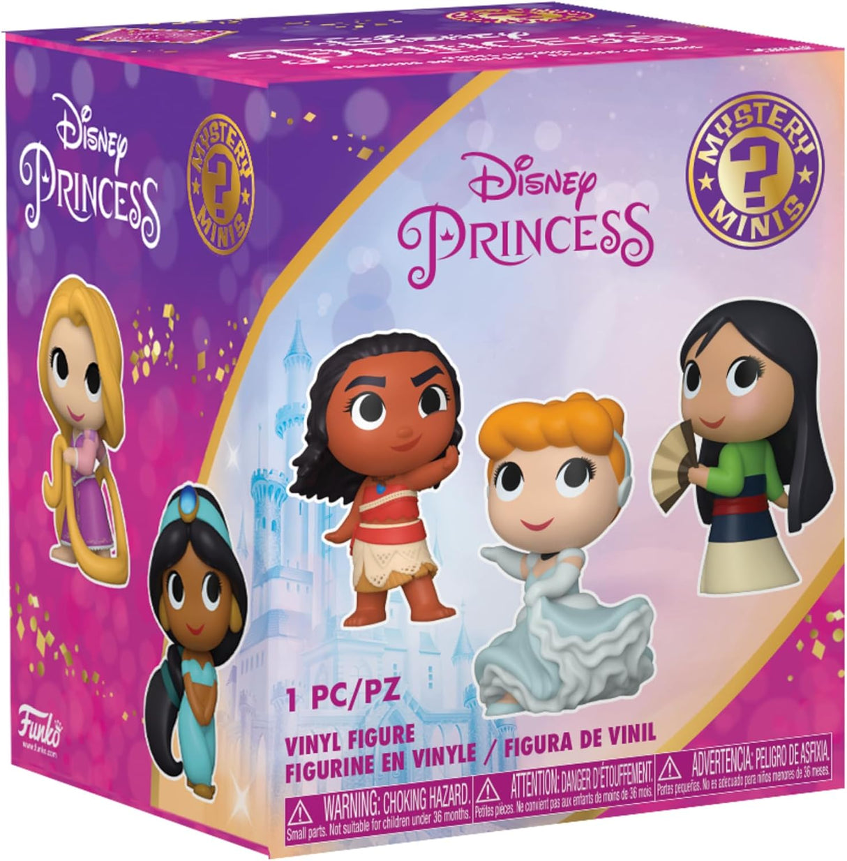 Box of Disney Princess Mystery Minis figurines with characters on a purple and pink background