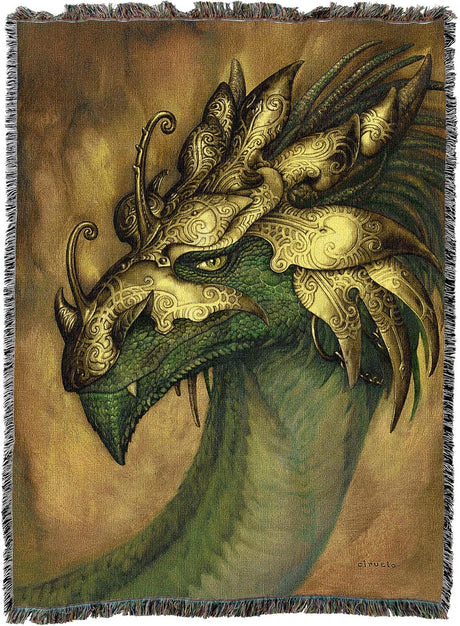 Tapestry blanket by Ciruelo, green-grey dragon with golden head armor