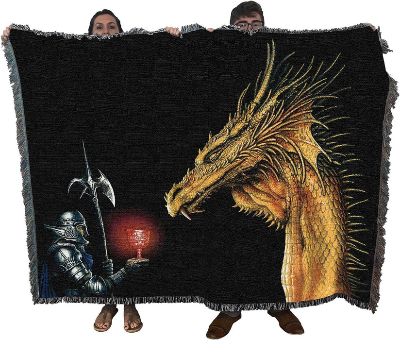 Dragon & knight tapestry blanket held up by two adults to show large size