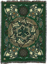 Tapestry blanket in green, gold and cream with Celtic hound knotwork design
