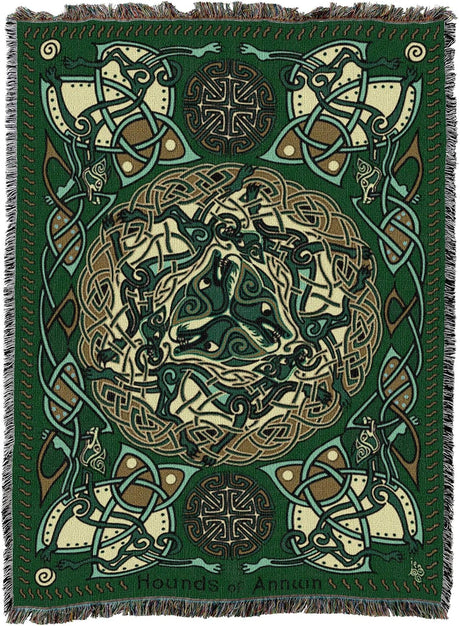 Tapestry blanket in green, gold and cream with Celtic hound knotwork design