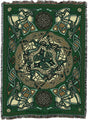 Tapestry blanket in green, gold and cream with Celtic hound knotwork design