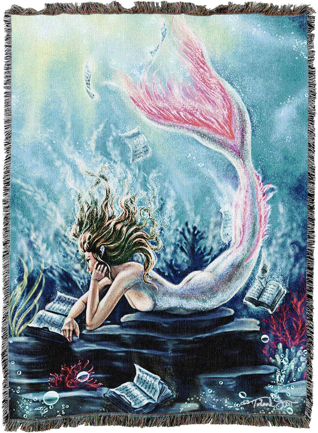 Tapestry blanket, mermaid under the water reading a book, floating pages and coral and bubbles around
