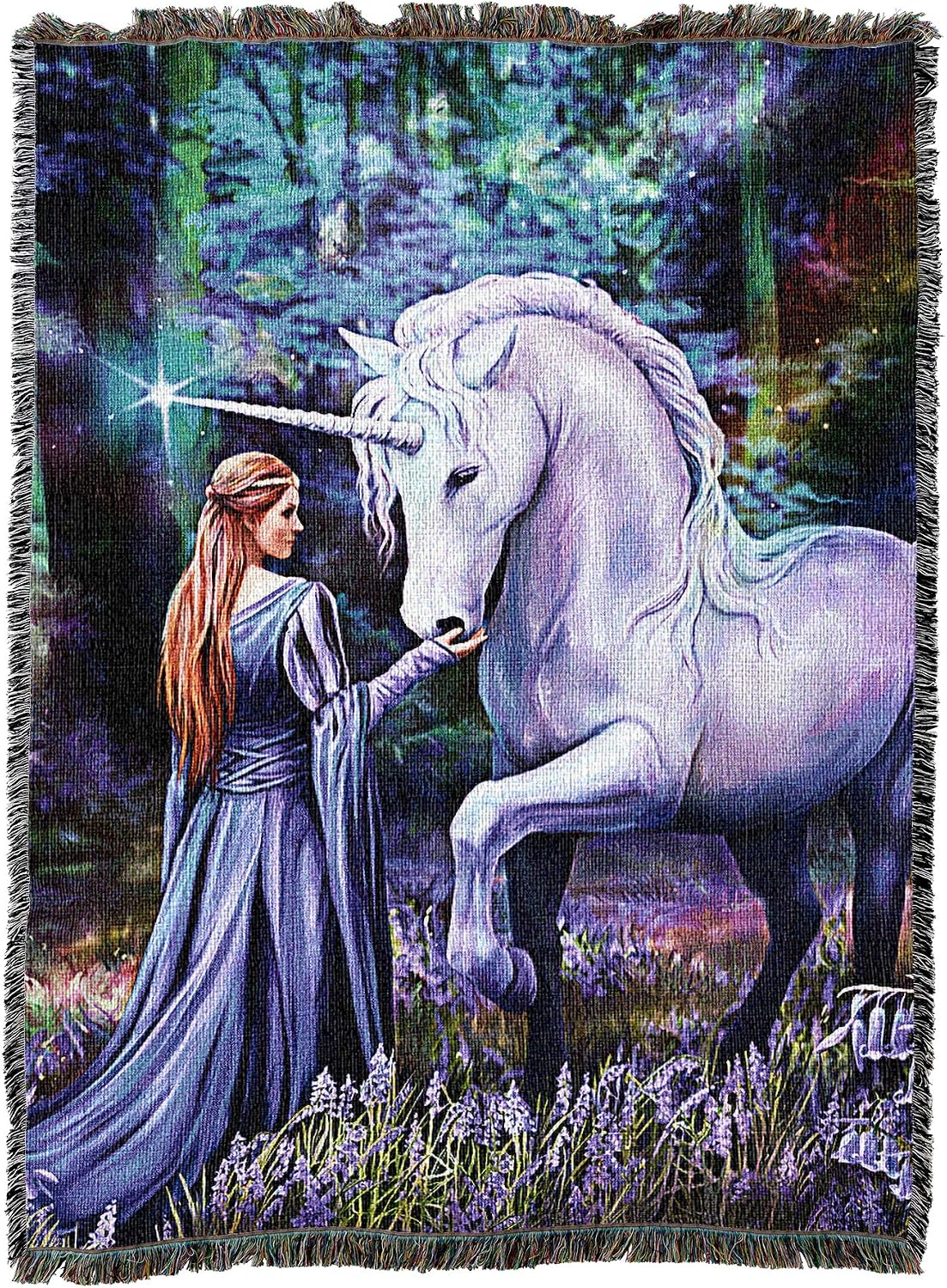 Tapestry blanket with unicorn and maiden in bluebell-filled forest meadow