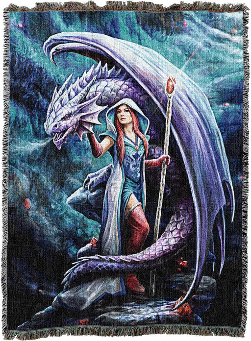 Tapestry Blanket, art by Anne Stokes. Sorceress holding staff, with red hair, standing with a dragon.
