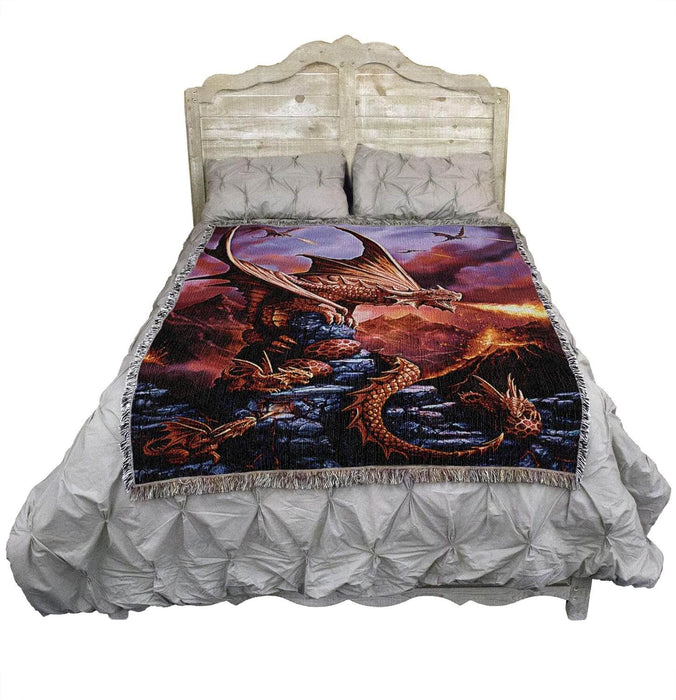 Fire dragon blanket shown on a bed