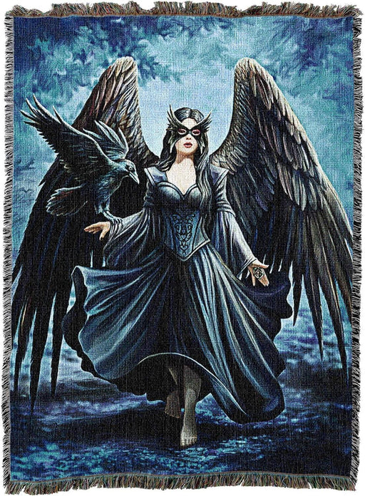 Tapestry blanket with Anne Stokes art featuring black winged angel woman with a raven on her arm striding forwards