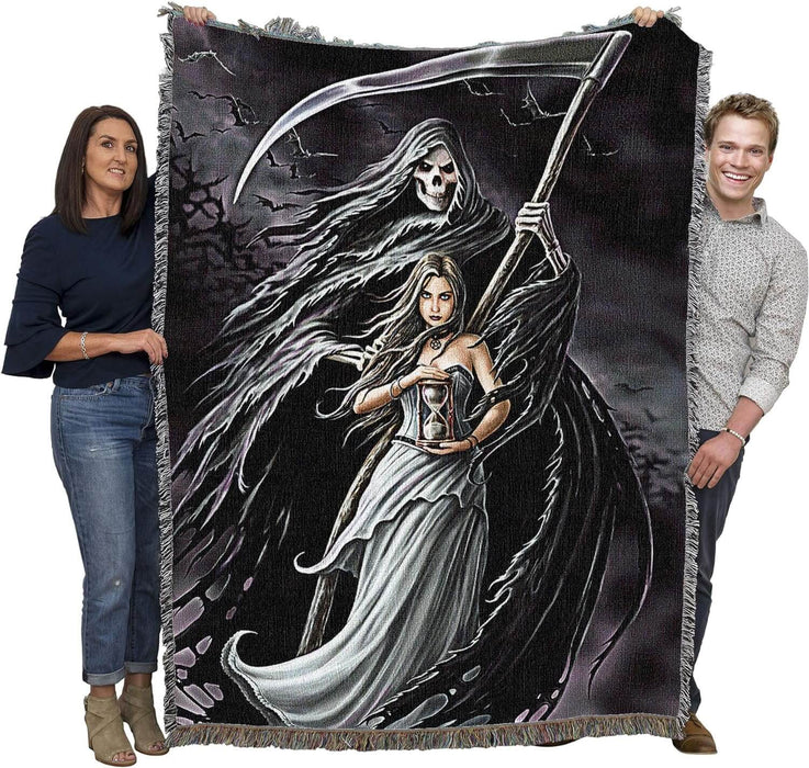 Grim Reaper & girl tapestry held by two adults to show large size