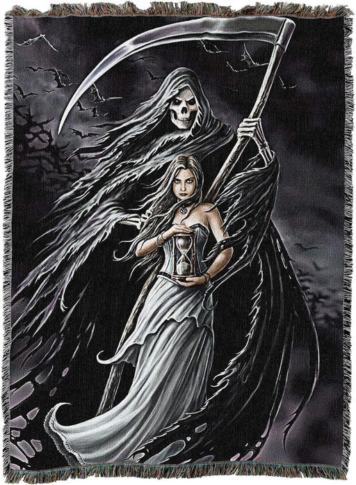 Tapestry blanket with black-haired maiden in white dress holding hourglass, standing in front of a skeletal Grim Reaper with scythe. Bats fly in the background