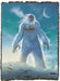 Tapestry blanket showing a standing Yeti snow monster in an icy landscape with the moon in the blue sky