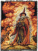 Tapestry blanket showing wizard in red in a fire and smoke