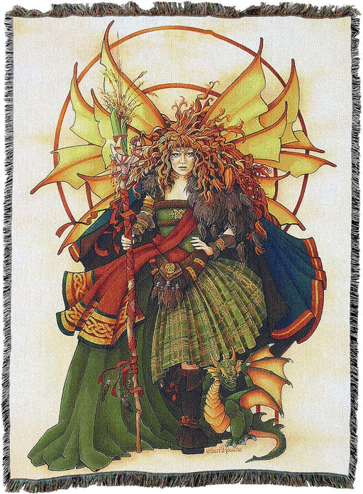 Tapestry blanket of fairy in red and green with golden wings, holding staff, green dragon at her feet