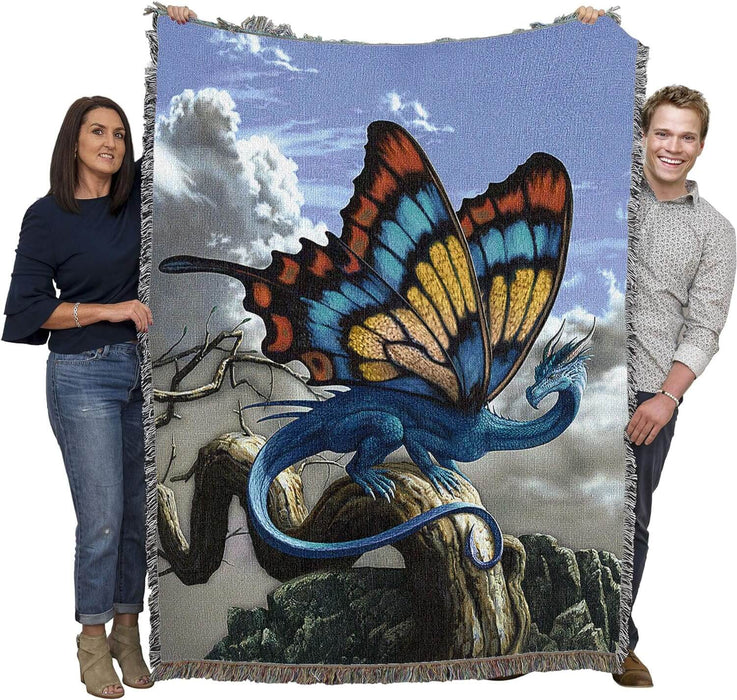 Butterfly dragon tapestry blanket held by two adults to show large size