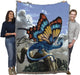 Butterfly dragon tapestry blanket held by two adults to show large size