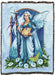 Tapestry blanket showing a fairy with glassy wings wearing blue with a moon-topped staff, standing in flowers with a green luna moth