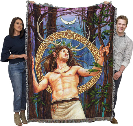 Two adults holding up Cernunnos tapestry blanket to show its large size