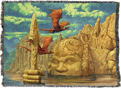 Tapestry blanket by Ciruelo, two red dragons flying across golden cliffs of a lake temple