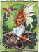 Tapestry blanket with fairy in gold armor and golden hummingbird. Pixie perched on stone gargoyle face, surrounged by blossoms and blackberries.