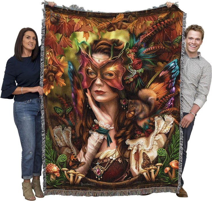 Autumn Queen tapestry blanket held by two adults to show large size