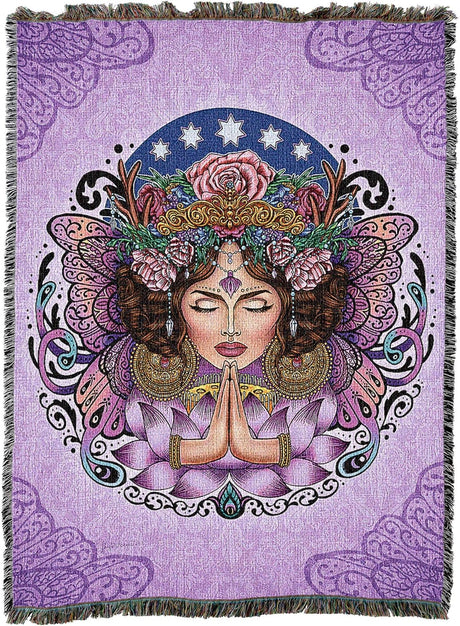Purple tapestry blanket with praying goddess, floral lotus blossom adornments