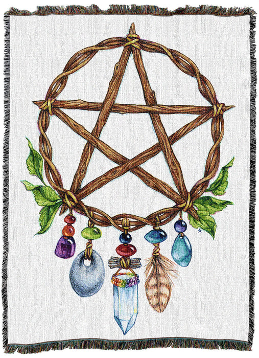 Pentacle charm tapestry blanket showing five pointed star with colorful stone and crystal charms hung below it