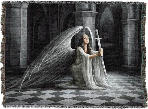 Tapestry blanket, art by Anne Stokes. Angel with white feathered wings and dress kneeling with a sword, gazing up into light, Gothic shadowy architecture behind her, checkered floor