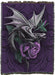 Tapestry blanket with art by Anne Stokes showing a dragon perched on a purple rose. Violet backdrop with tribal designs