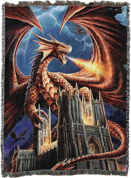 tapestry blanket by Anne Stokes, red dragon perched on cathedral breathing fire, more dragons in the stormy sky