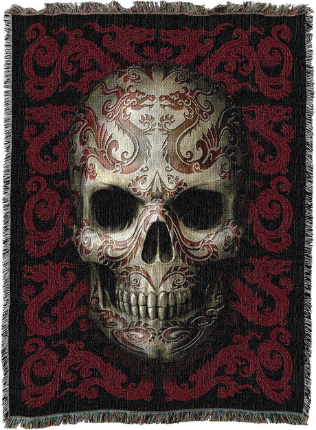 Tapestry blanket by Anne Stokes, white skull with Asian dragons in red
