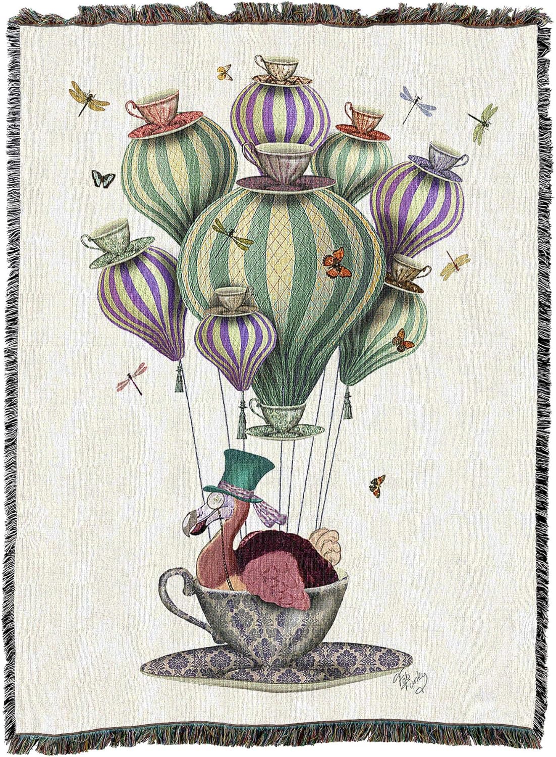 Woven blanket with a colorful design of a dodo in a teacup on hair balloon with dragonflies and butterflies