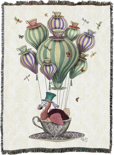 Woven blanket with a colorful design of a dodo in a teacup on hair balloon with dragonflies and butterflies