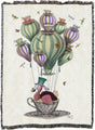 Woven blanket with a colorful design of a dodo in a teacup on hair balloon with dragonflies and butterflies