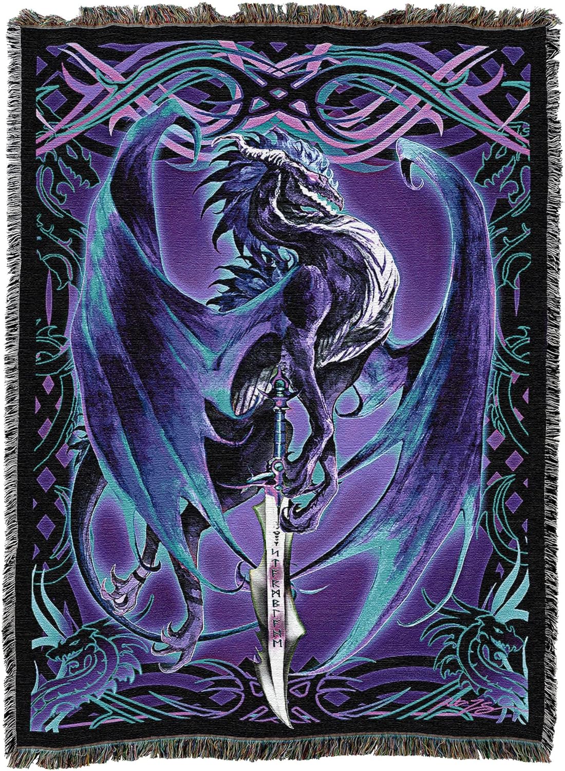 Dragon and sword tapestry with intricate designs on a purple background