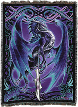 Dragon and sword tapestry with intricate designs on a purple background