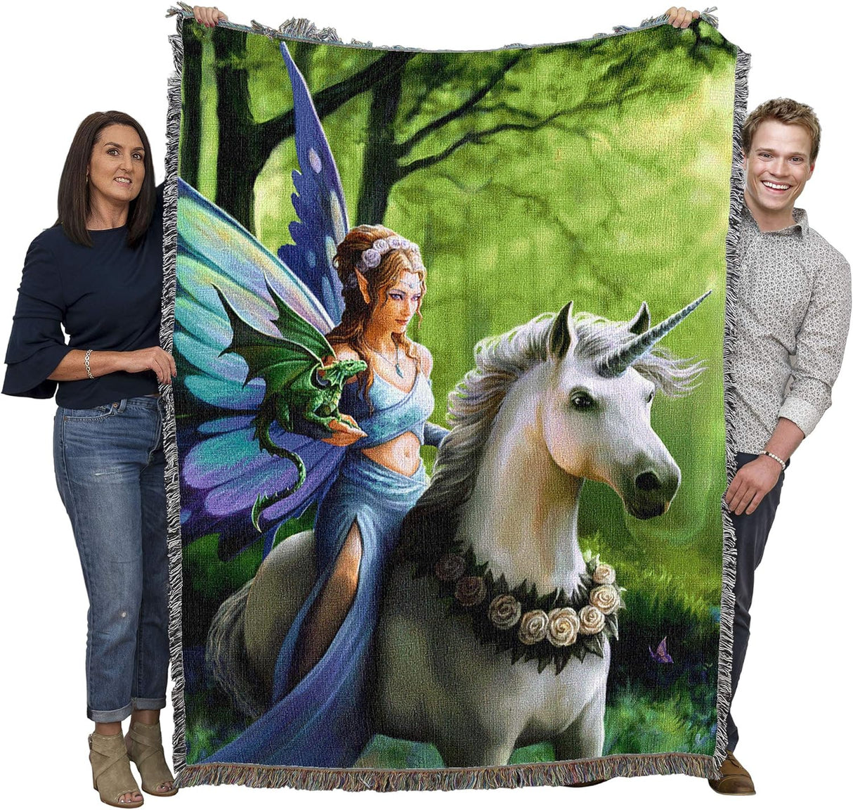 Tapestry blanket of fairy with dragon on wrist riding unicorn through green forest