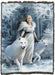 Tapestry blanket of woman in white with two arctic wolves in a snowy landscape