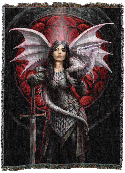 Valour tapestry blanket showing a warrior woman in silver armor and her white dragon in front of a red gothic window