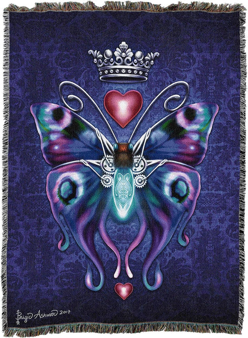 Blanket tapestry of butterfly with crown and hearts, and steampunk accents on purple background