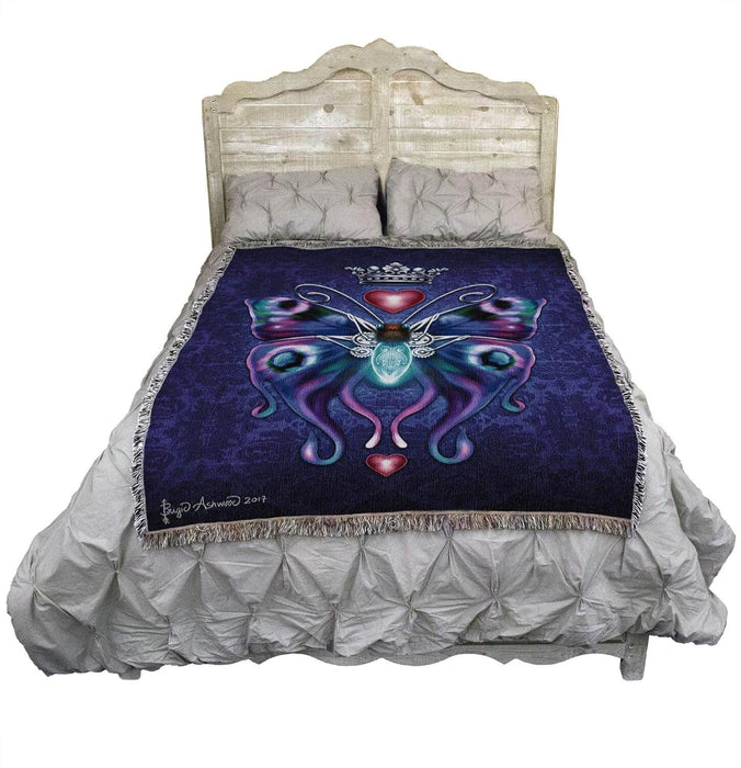 Steampunk butterfly blanket across a bed